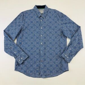 John Lennon blue jacquard check button down stretch cotton mens shirt Large